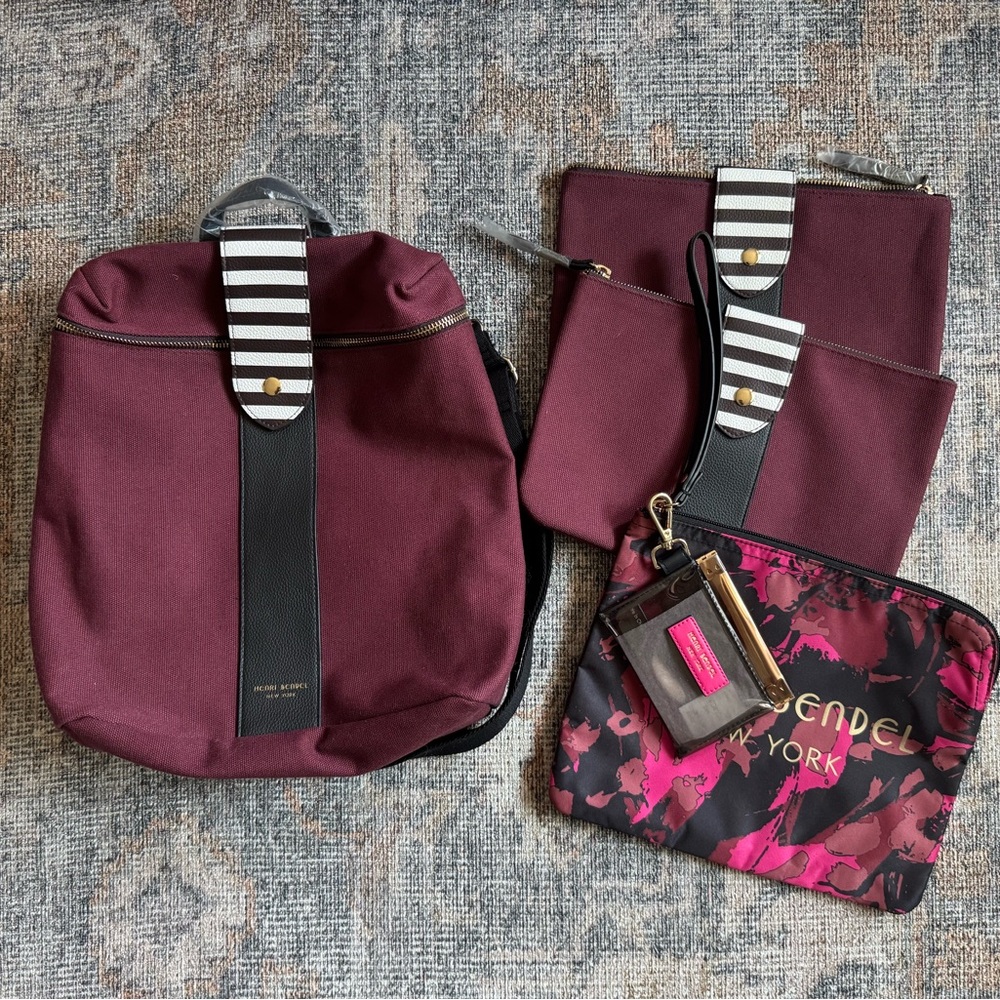 NWOT Henri Bendel maroon backpack and 3 makeup bags